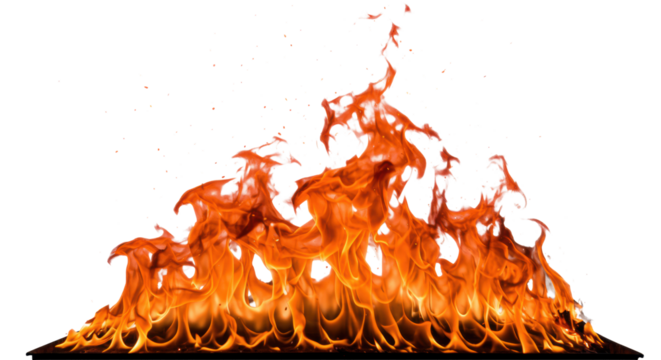 Vibrant orange flames erupting with intense luminosity, dynamic flickering patterns, and scattering sparks against a clean white background, isolated, concept of raw fire and powerful energy