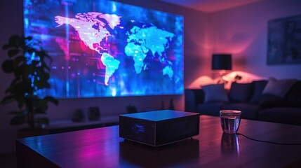 Obraz premium Projector in a living room with world map projection