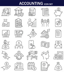 Minimal line icons for accounting, finance, and bookkeeping: charts, money, reports, savings, invoices, and business analytics. Perfect for web, app, or print use.