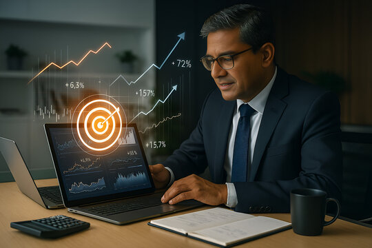 Businessman analyzing financial data and stock market trends on laptop for investment strategy