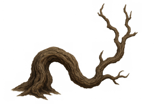 Gnarled, twisted, and lifeless tree branch extending on a transparent background, perfect for digital compositing and artistic projects
