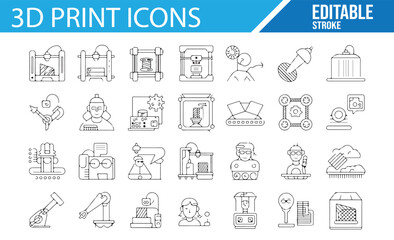 Editable Stroke Icons Set for 3D Printing, Featuring Printers, Tools, and CAD Design