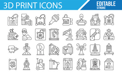 3D Printing Icons Set, Editable Stroke for Technology and Design, Featuring Printer Tools

