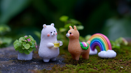 White bear offers tea to a llama figurine near a rainbow on a mossy rock in a garden, creating a whimsical outdoor miniature setting perfect for storytelling and imagination bear, llama, tea, rainbow,
