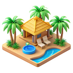 3d tropical beach hut with pool and palm trees isolated on transparent background