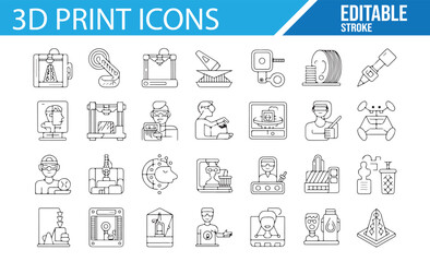 3D Printer and Manufacturing Tools Icon Set, Editable Stroke, for Printing and Design Projects