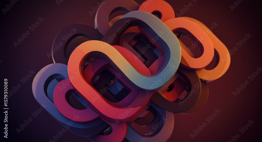 Poster abstract interconnected chain links forming a complex structure with vibrant gradient colors and sub