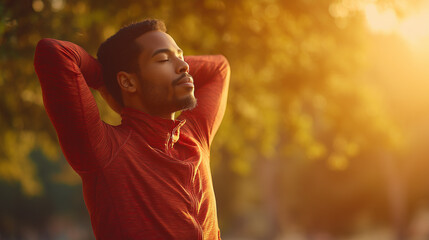 Happy young African American man relaxing with arms behind his head outside in golden light during warm day at the Park man, african, american, relaxing, outdoor, golden, light, sunlight, breathing, r