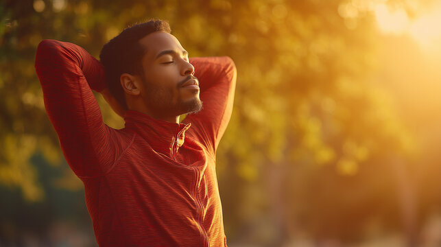 Happy young African American man relaxing with arms behind his head outside in golden light during warm day at the Park man, african, american, relaxing, outdoor, golden, light, sunlight, breathing, r
