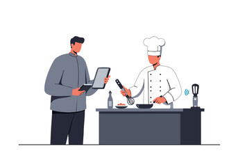 A chef and a professional inspect kitchen tools using a tablet. Modern restaurant setting, showcasing technology and culinary expertise. Clean, professional, and visually appealing.