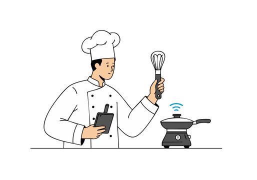 A stylish chef uses smart kitchen tools ? tablet, thermometer, whisk ? for modern cooking. Clean, graphic illustration. ?Inspect Smart? tagline.