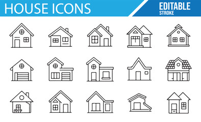 Editable Stroke Icons of Houses, Home Styles, and Building Designs for Architecture Projects