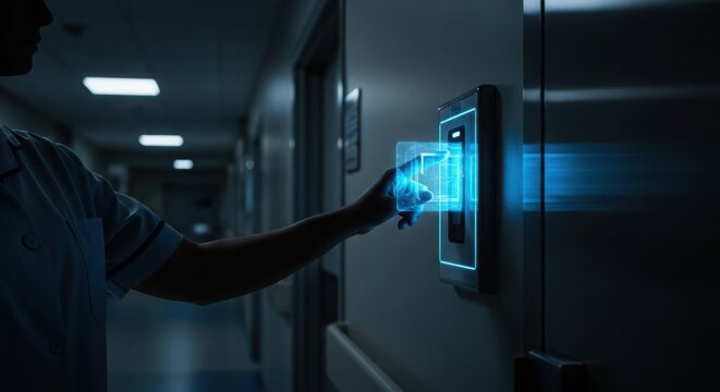 Nurse uses futuristic biometric technology in a hospital