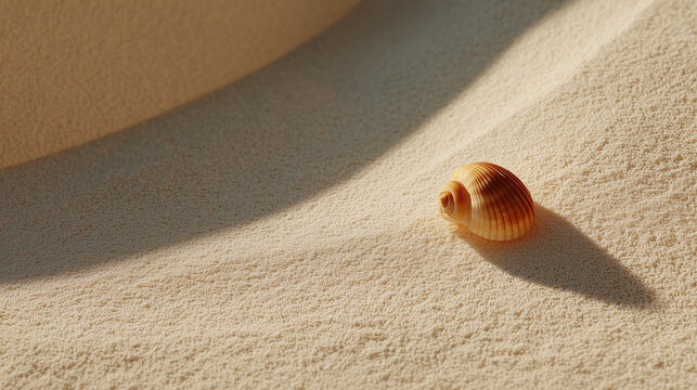 Close-up of a spiral seashell on a sandy beach casting a shadow during a sunny summer day in the Maldives, representing a vacation getaway seashell, shell, sand, beach, maldives, vacation, summer, tro