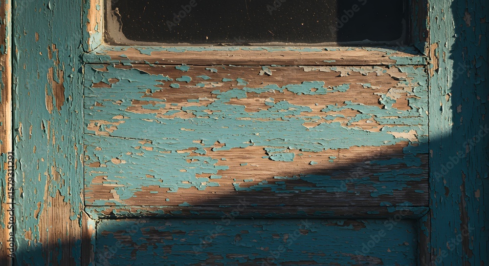 Poster close-up of old weathered wooden door with peeling turquoise paint and rust showing through revealin