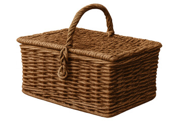 Closed wicker picnic basket with attached lid and rope handle, isolated on transparent background, ready for outdoor dining