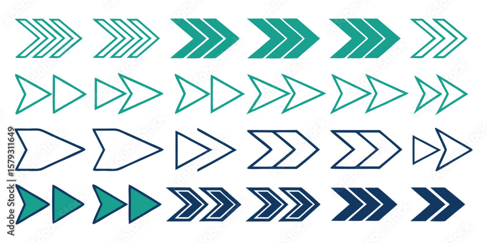 Poster set of stylized right arrow vector icons. modern geometric navigation graphic elements in teal and b