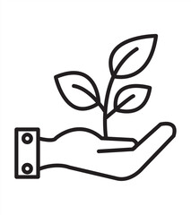 sustainable agriculture icon with hand holding growing plant in black outline, vector