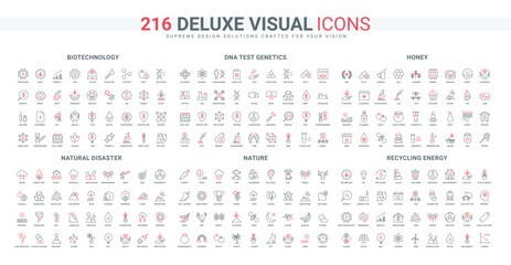 Nature disaster risk, DNA and biotechnology research in laboratory, recycling line icon set. Honey and plant cultivation, beekeeper in lab thin black and red outline symbols vector illustration