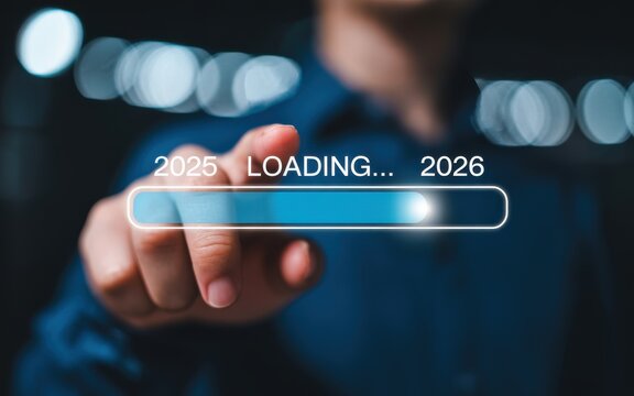 Forecasting the Future Innovation Loading Screen with a Person Touching Progress Bar Representing Years 2025 and 2026