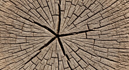 Detailed Close-Up of Natural Wood Grain and Texture with Radial Cracks and Rings, Revealing Tree's Age and Growth