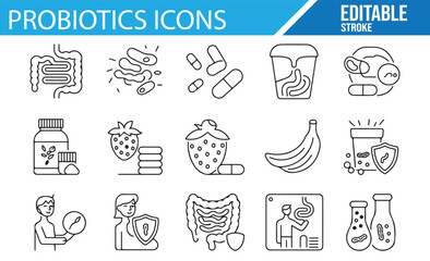 Line Drawing Icons for Probiotics and Gut Health, Editable Vector Illustrations