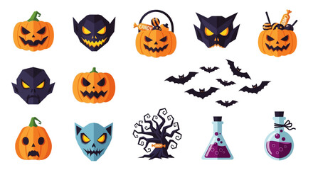 Halloween themed flat design icons featuring jack-o'-lanterns, bats, and spooky elements.