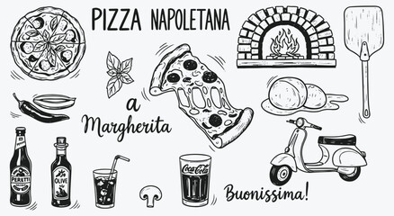 Neapolitan Pizza and Italian Food vector illustration set. Hand drawn black and white line art elements like pizza, oven, tomato, mozzarella, scooter for menu, restaurant, and cooking design. © MH HASIB