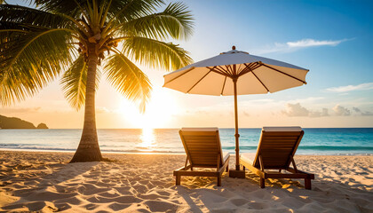 Obraz premium Relaxing Tropical Beach Sunset with Palm Tree Beach Chairs and Umbrella Golden Sands Ocean Paradise