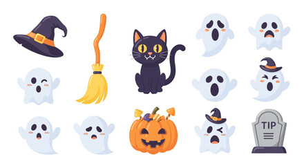 Cute Halloween cartoon icons featuring ghosts, a black cat, a witch's hat, a broom, and a pumpkin.