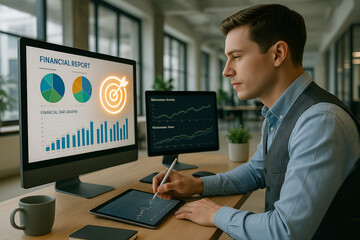 Financial analyst reviewing report data charts and graphs on computer and tablet at office desk