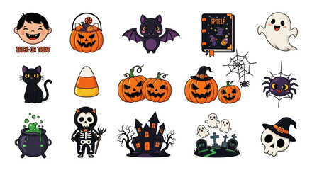 Cute Halloween cartoon icons: pumpkins, ghosts, bats, candy, skeletons, and more.