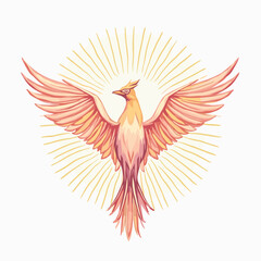 Obraz premium Colorful phoenix bird illustration with sun rays in the background 