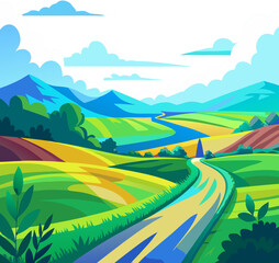 Obraz premium Abstract summer landscape with green field, blue sky and country road in watercolor style stock illustration
