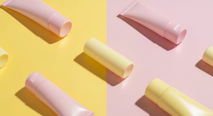 Surreal abstract 3D composition with pink and yellow geometric forms casting shadows on a pastel yellow background.