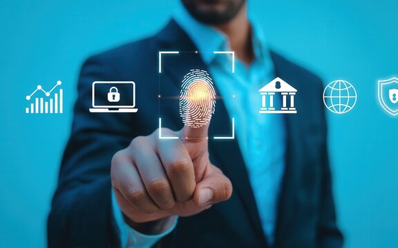Biometric Security Man in Suit Scanning Fingerprint for Secure Access and Data Protection, digital id and cyber security.