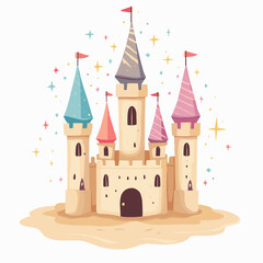 Fantasy castle illustration with colorful towers and flags  