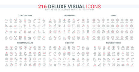 Construction industry, engineering, industrial process and structure, machinery line icon set. Manufacturing, factory and engine gears, chemical thin black and red outline symbols vector illustration