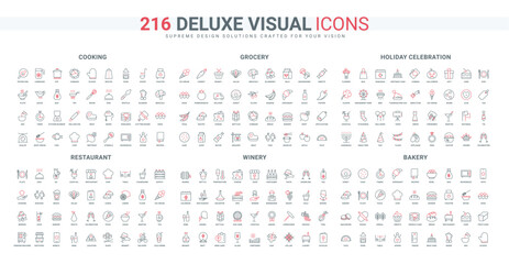 Restaurant and bakery, winery and wine catalog, cooking tools line icon set. Food of grocery shop, retail store and market, season holidays thin black and red outline symbols vector illustration