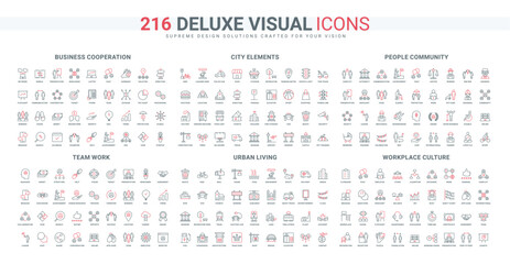 Business teamwork and training, people of community, employees workplace and office culture line icon set. City infrastructure, public transport thin black and red outline symbols vector illustration