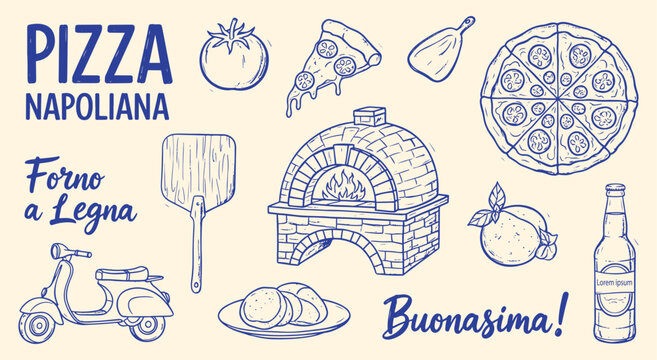 Neapolitan Pizza and Italian Food vector illustration set. Hand drawn line art elements like pizza, oven, tomato, mozzarella, scooter for menu, restaurant, and cooking design projects.
