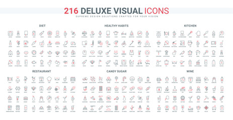 Restaurant and cooking, healthy habits, food recipe and drink line icon set. Wine production, storage and tasting, sugar and sweet candy thin black and red outline symbols vector illustration