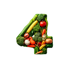 The number 4 made from various vegetables. Fresh, healthy, and eco-friendly food.