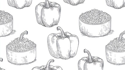 Seamless pattern of bell peppers and bowls of rice