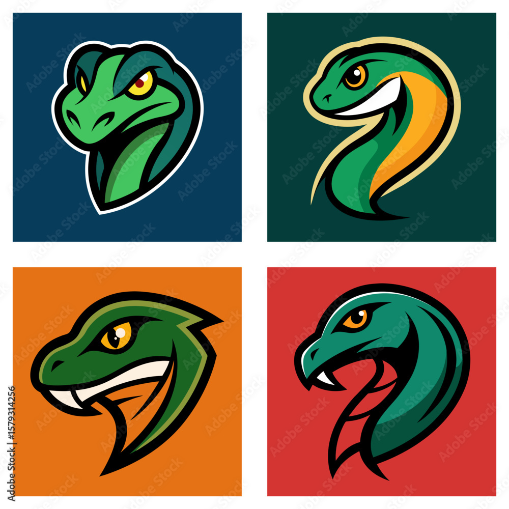 Poster collection of four graphic snake head illustrations in square frames with different color background