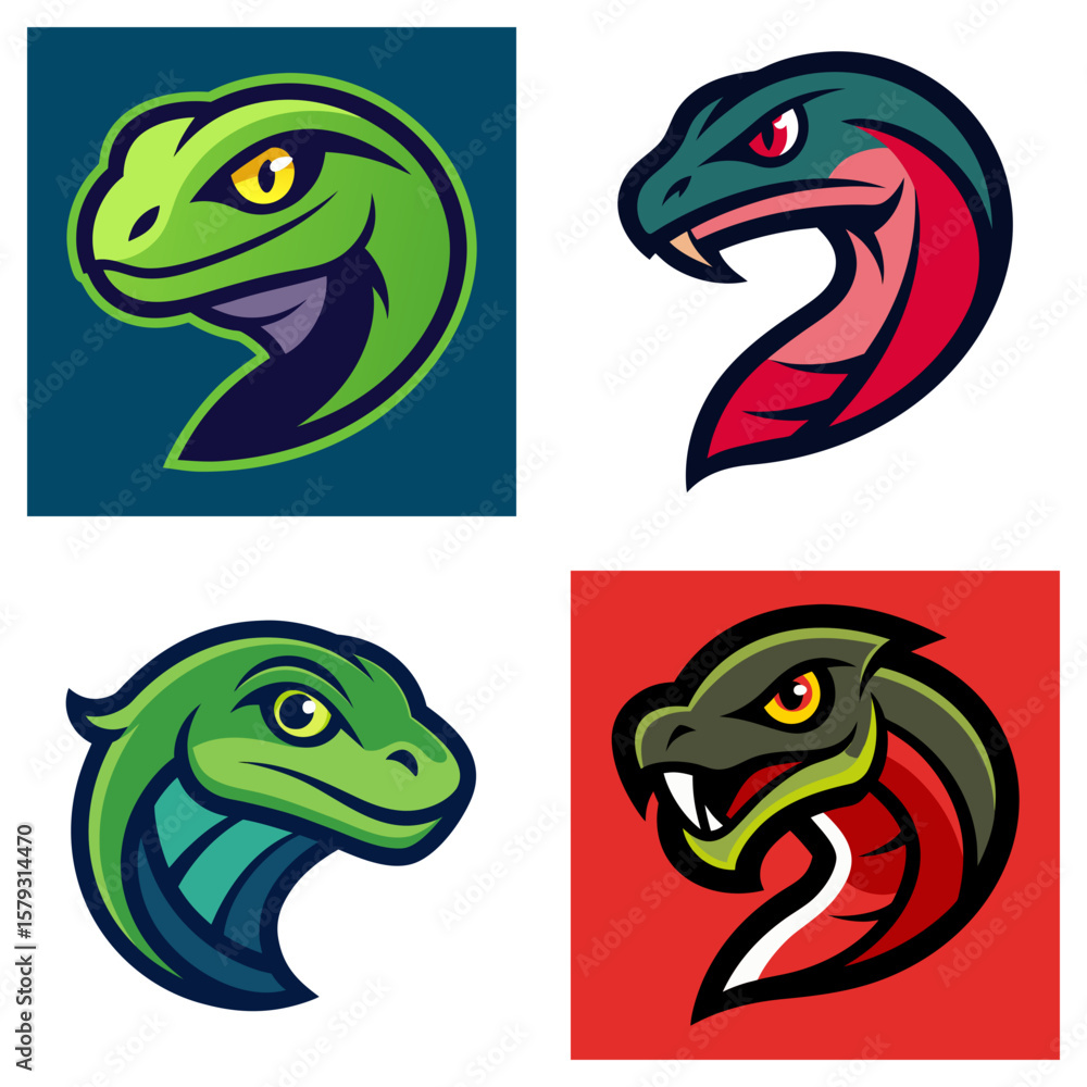 Poster collection of four snake head logos with different color schemes and aggressive facial expressions s