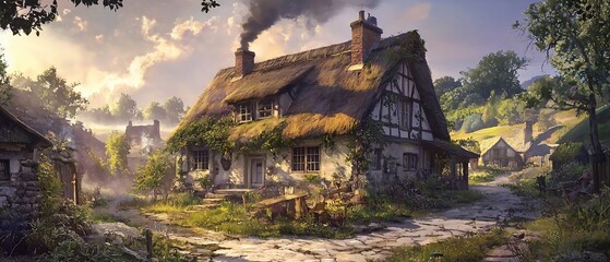 Thatched Cottage Village Scene at Sunrise, Cobblestone Path