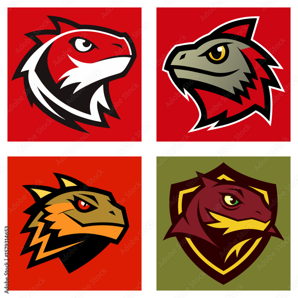 Aufkleber four stylized lizard head illustrations in square frames with various color schemes and design eleme
