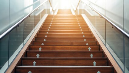 Successful business concept, professional growth and career success. Wooden staircase with arrows increase level up 
