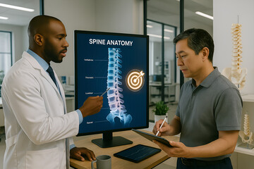 Fototapeta premium Doctor explaining spine anatomy to patient using digital display for medical consultation and diagnosis